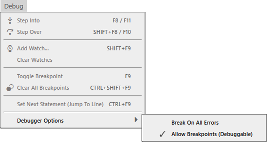 Debugger Options | Debug Menu
