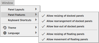 Window Panel Features Menu Window Panel Features Menu
