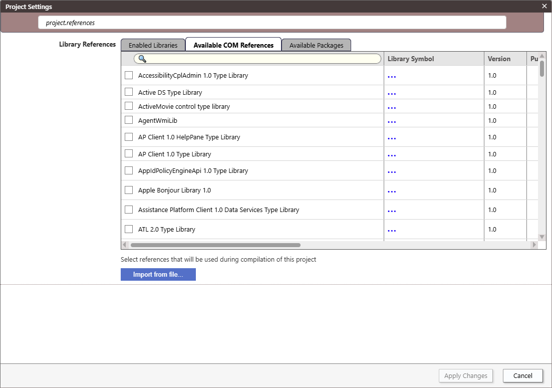 Available COM References - Project Settings Available COM References - Project Settings